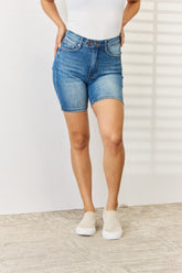 Judy Blue Full Size Tummy Control Double Button Bermuda Denim Shorts OutfitFlow